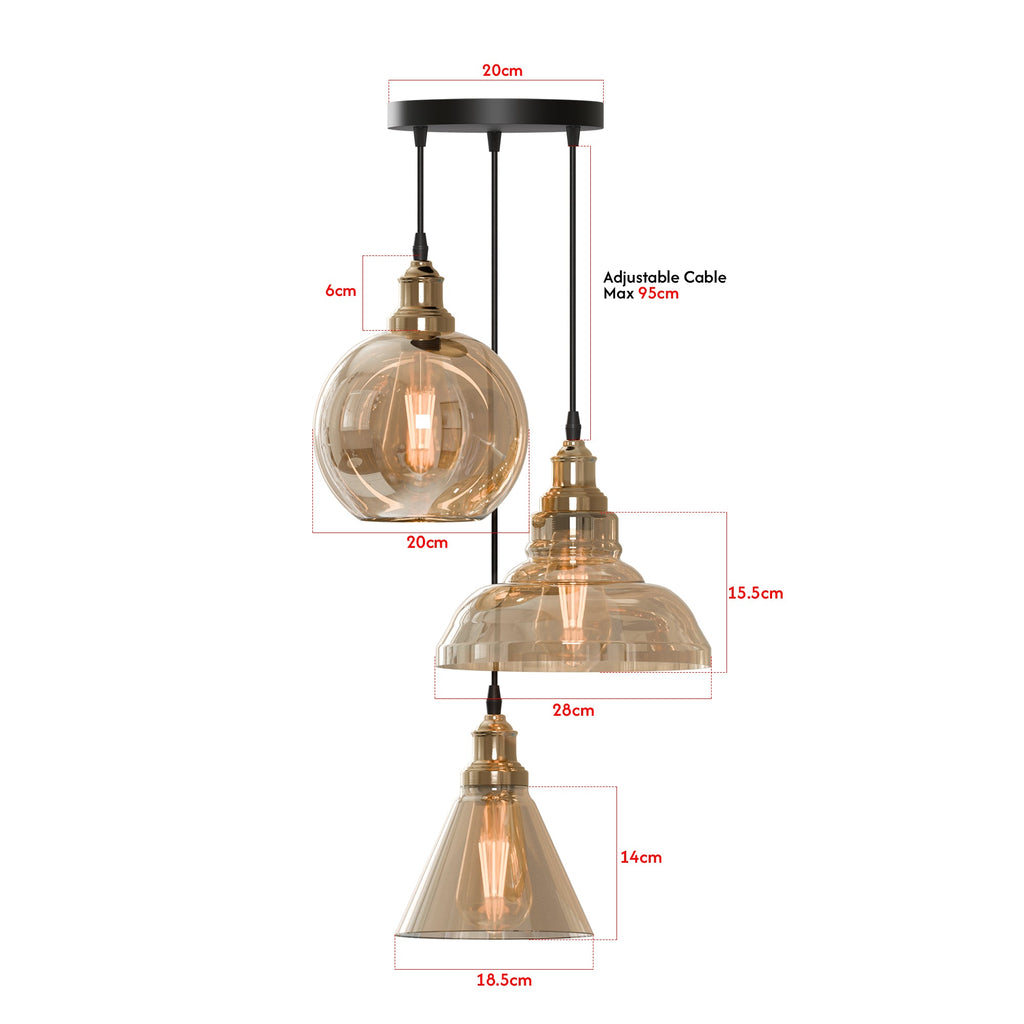 Industrial Style 3-Head Amber Glass Pendant Ceiling Light Fixture~6162
