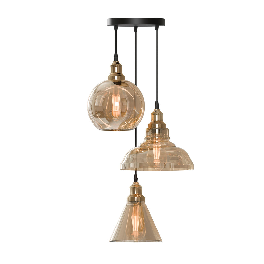 Industrial 3-Head Amber Glass Pendant Ceiling Light Fixture for Dining Room
