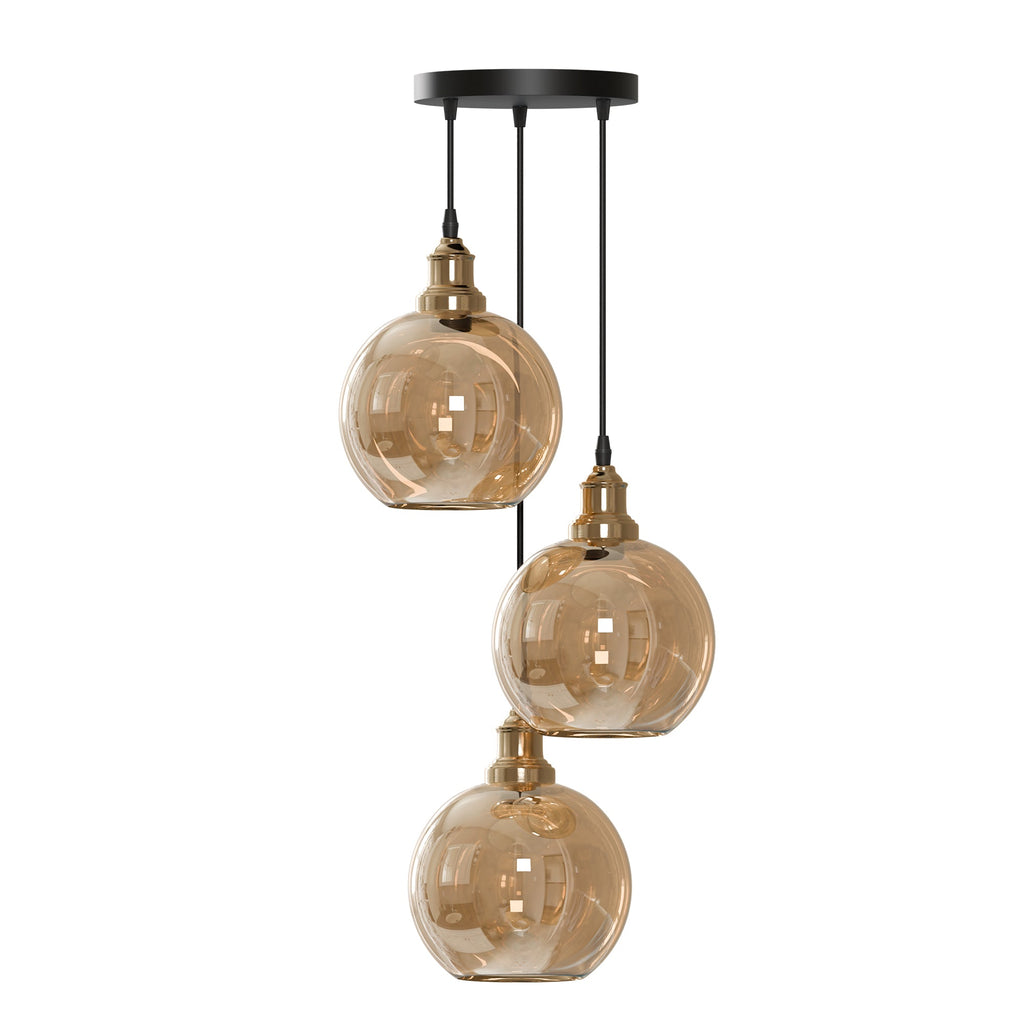 Industrial 3-Head Amber Glass Pendant Ceiling Light Fixture for Dining Room