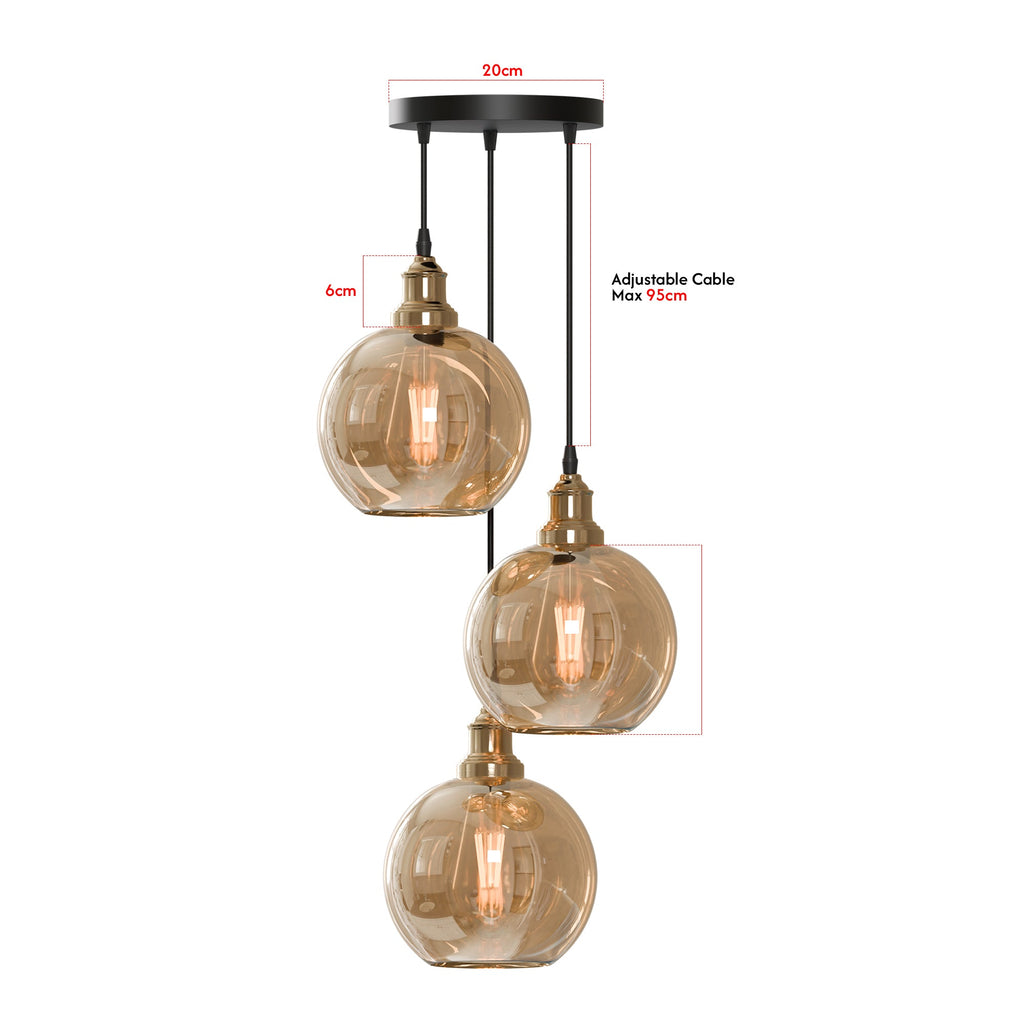 Industrial Style 3-Head Amber Glass Pendant Ceiling Light Fixture~6162