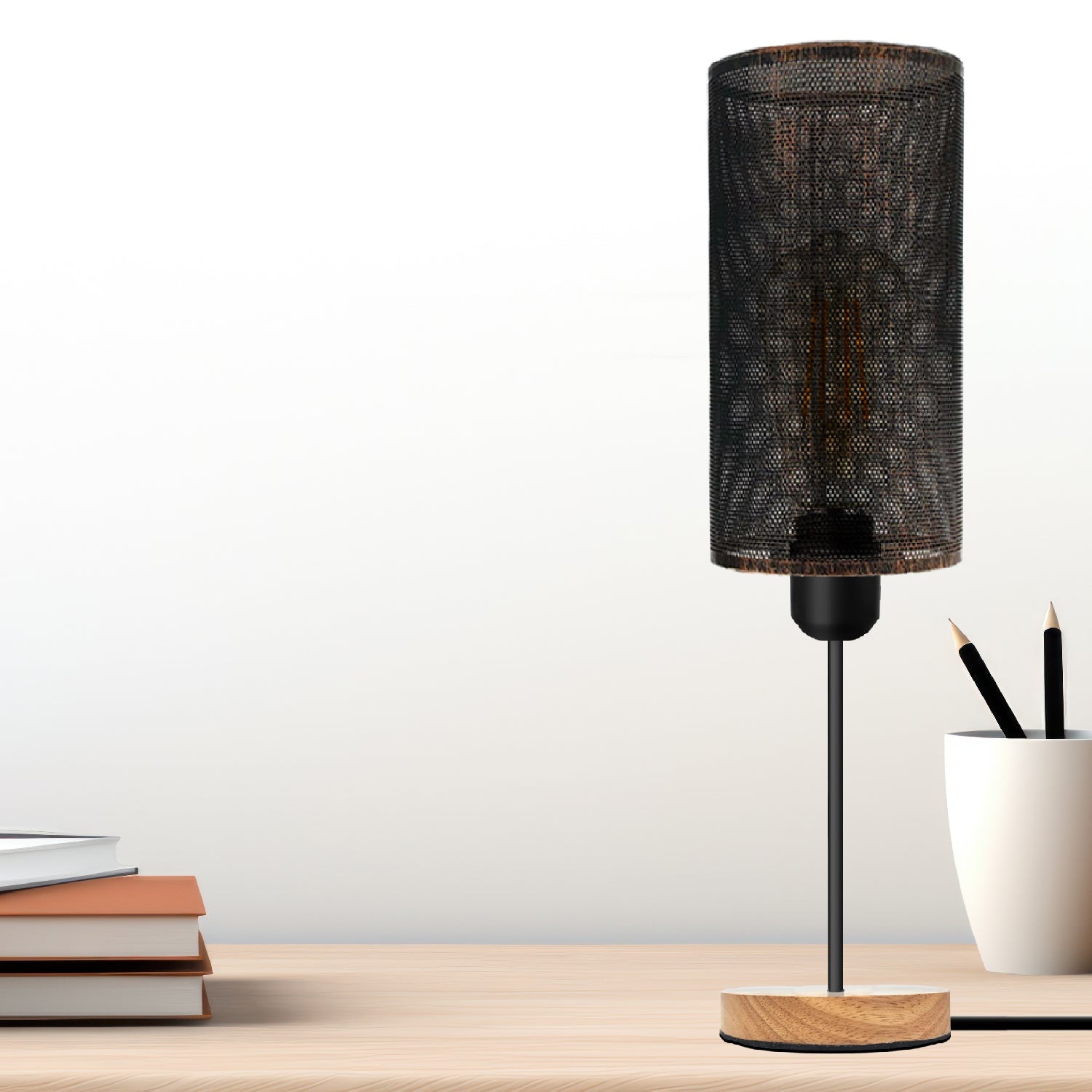 Industrial Metal Cage Table Lamp with Wooden Base, Modern Bedside Desk Light