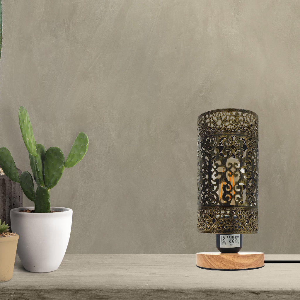 Chic Metal Wire Cage Table Lamp, Wooden Base, E27 Plug-in