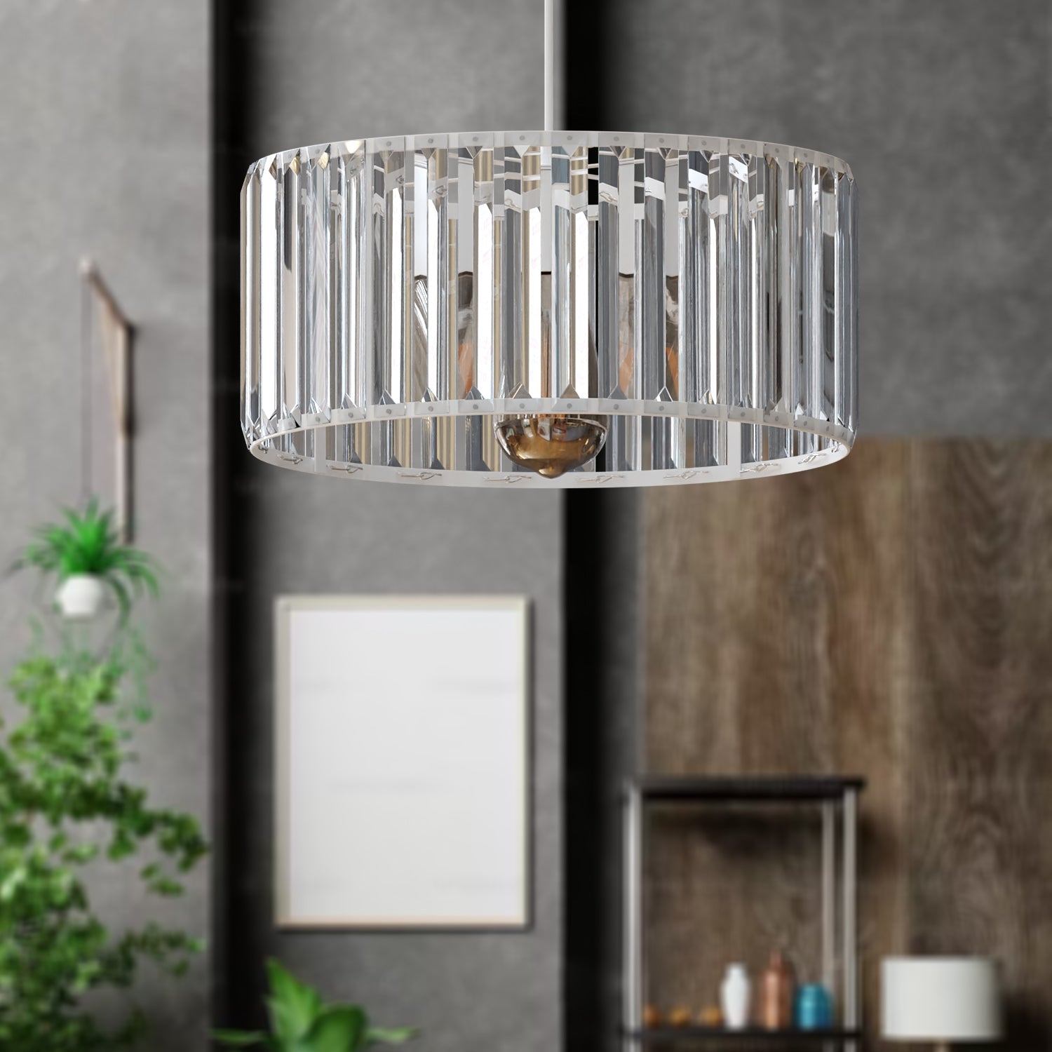 Modern Crystal Glass Drum Shade Pendant Light – Elegant Hanging Chandelier Fixture