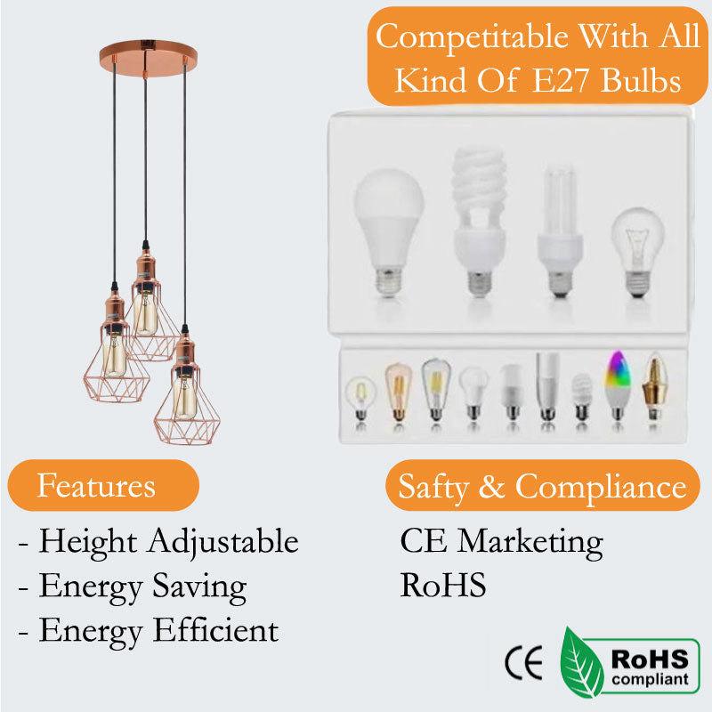 Vintage Retro 3 Way Diamond Cage Pendant Ceiling Light~5937