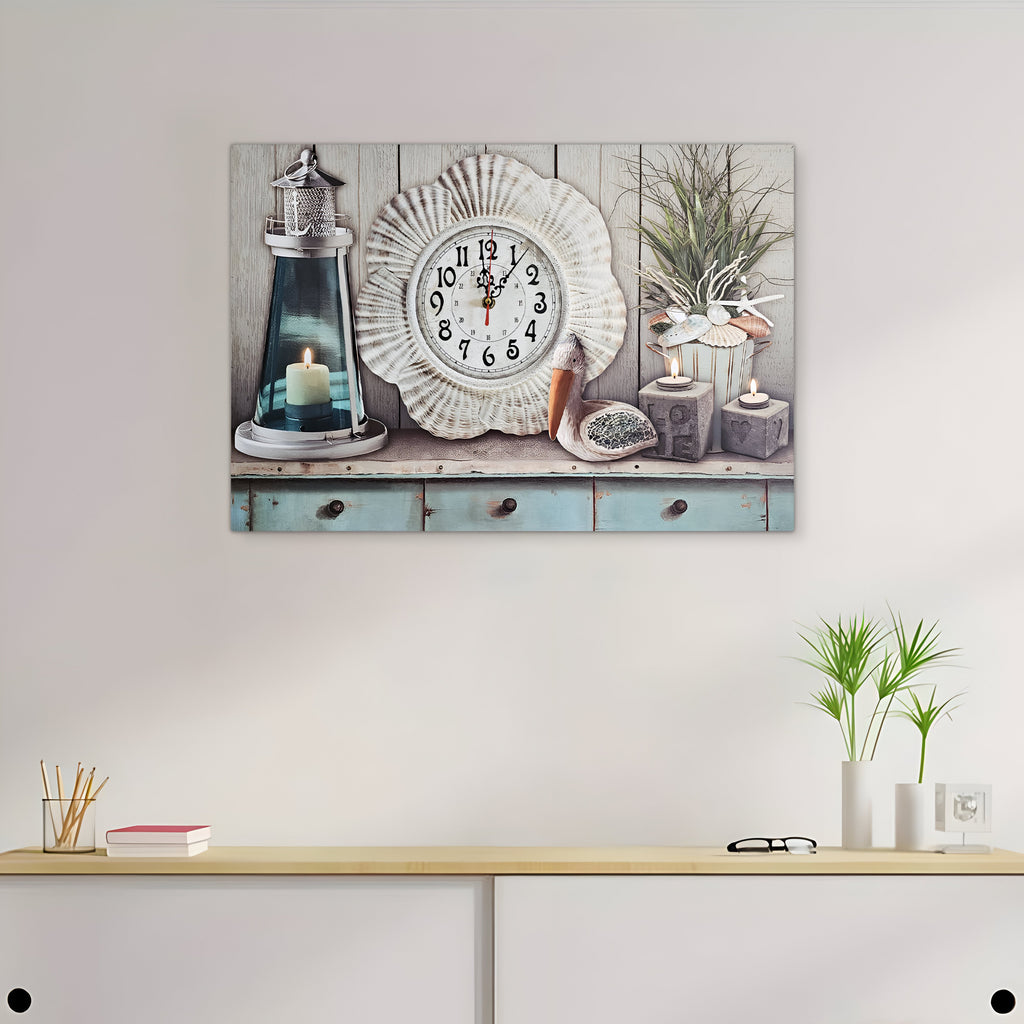 Large Rectangular Nautical Seashell Art Wooden Wall Clock for Coastal Decor