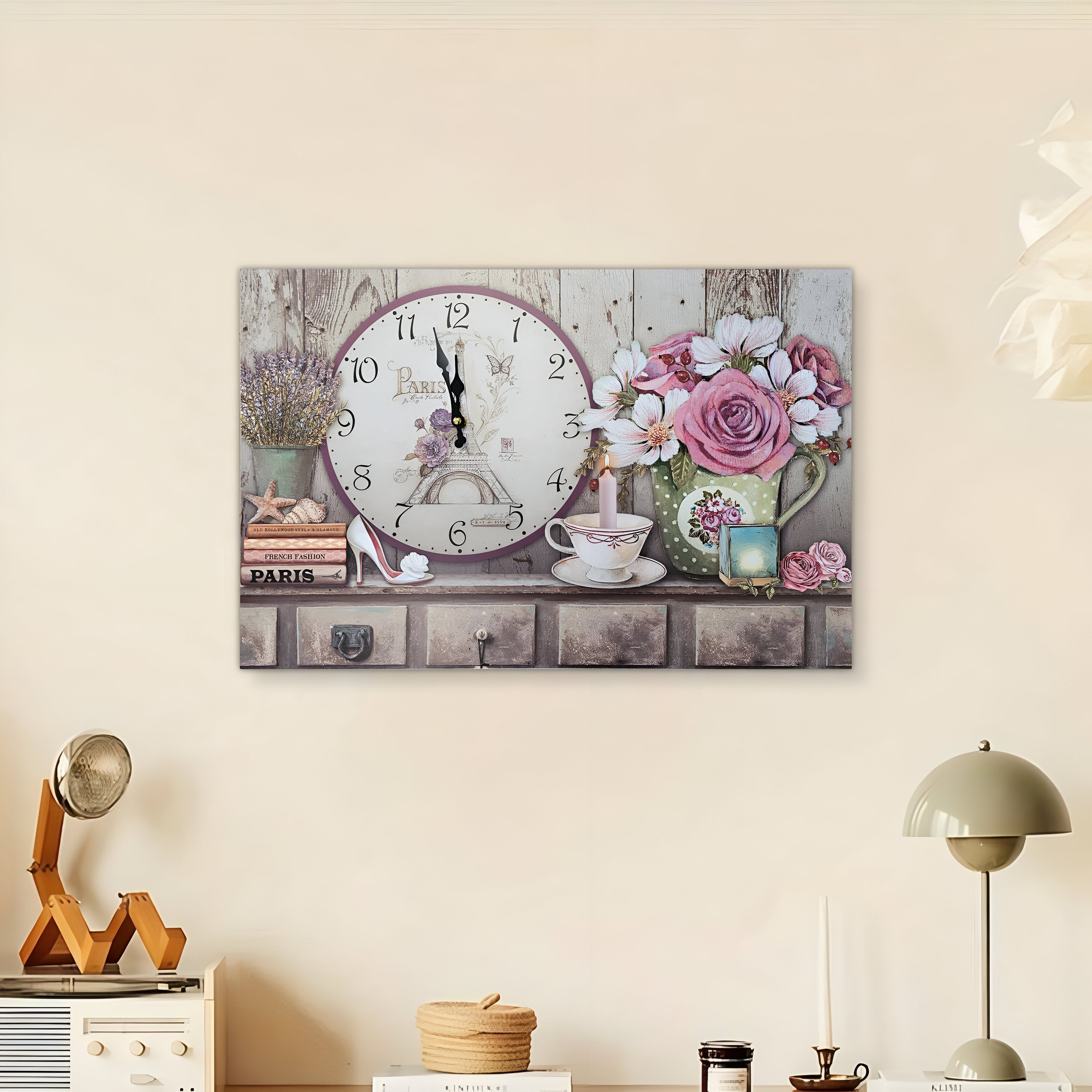 Large Vintage Eiffel Tower Wooden Wall Clock, Shabby Chic Art Deco Design
