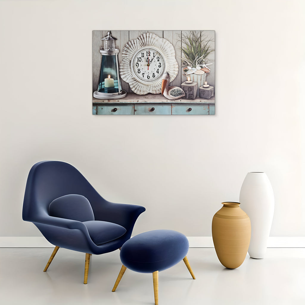 Large Rectangular Nautical Seashell Art Wooden Wall Clock for Coastal Decor