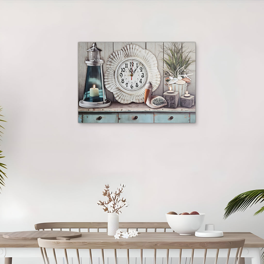 Large Vintage Nautical Seaside Shell Art Painted Rectangular Wooden Wall Clock