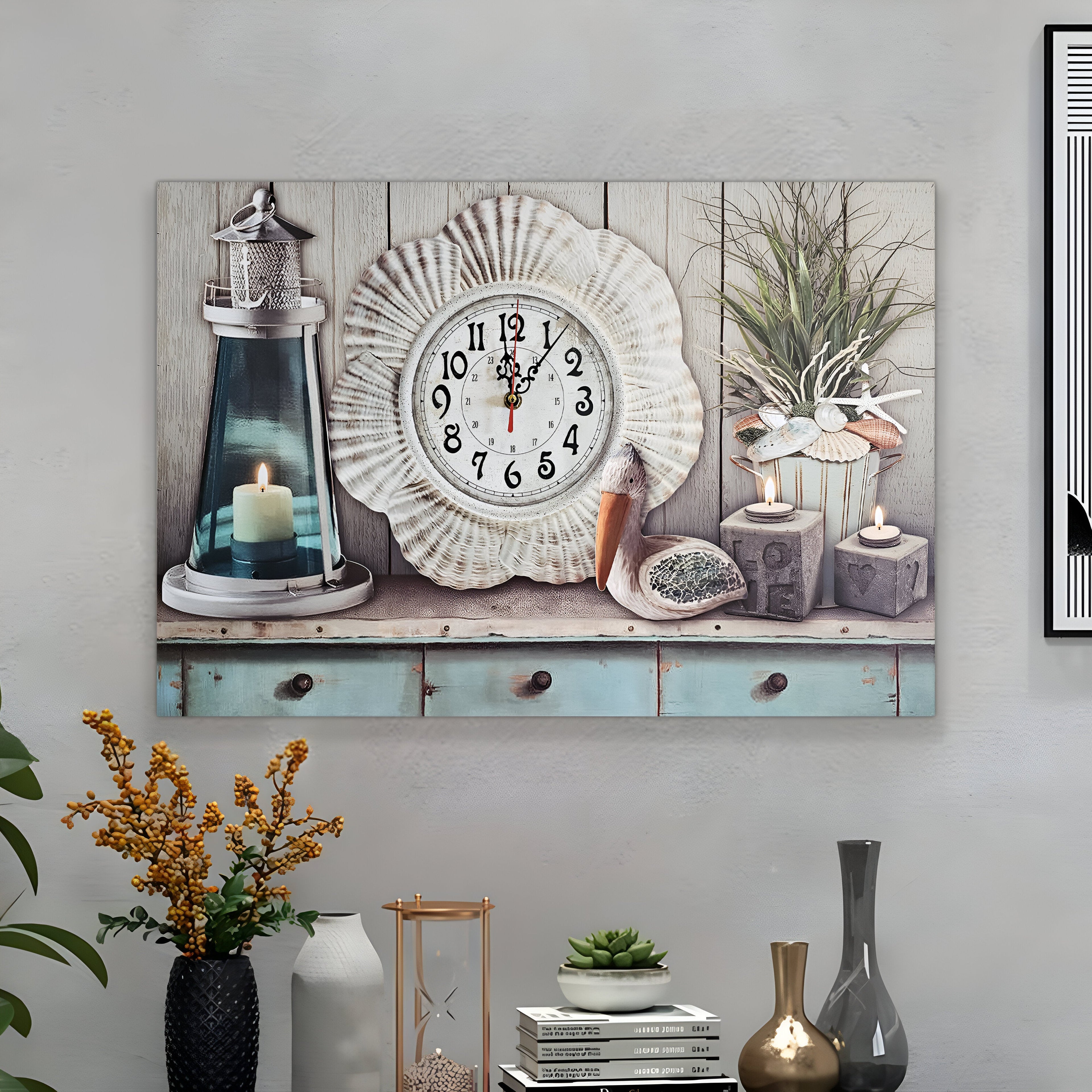 Large Rectangular Nautical Seashell Art Wooden Wall Clock for Coastal Decor