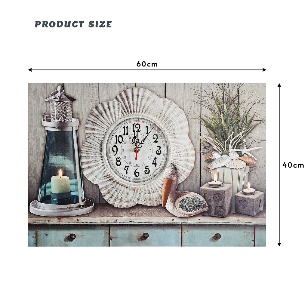 Large Rectangular Nautical Seashell Art Wooden Wall Clock for Coastal Decor