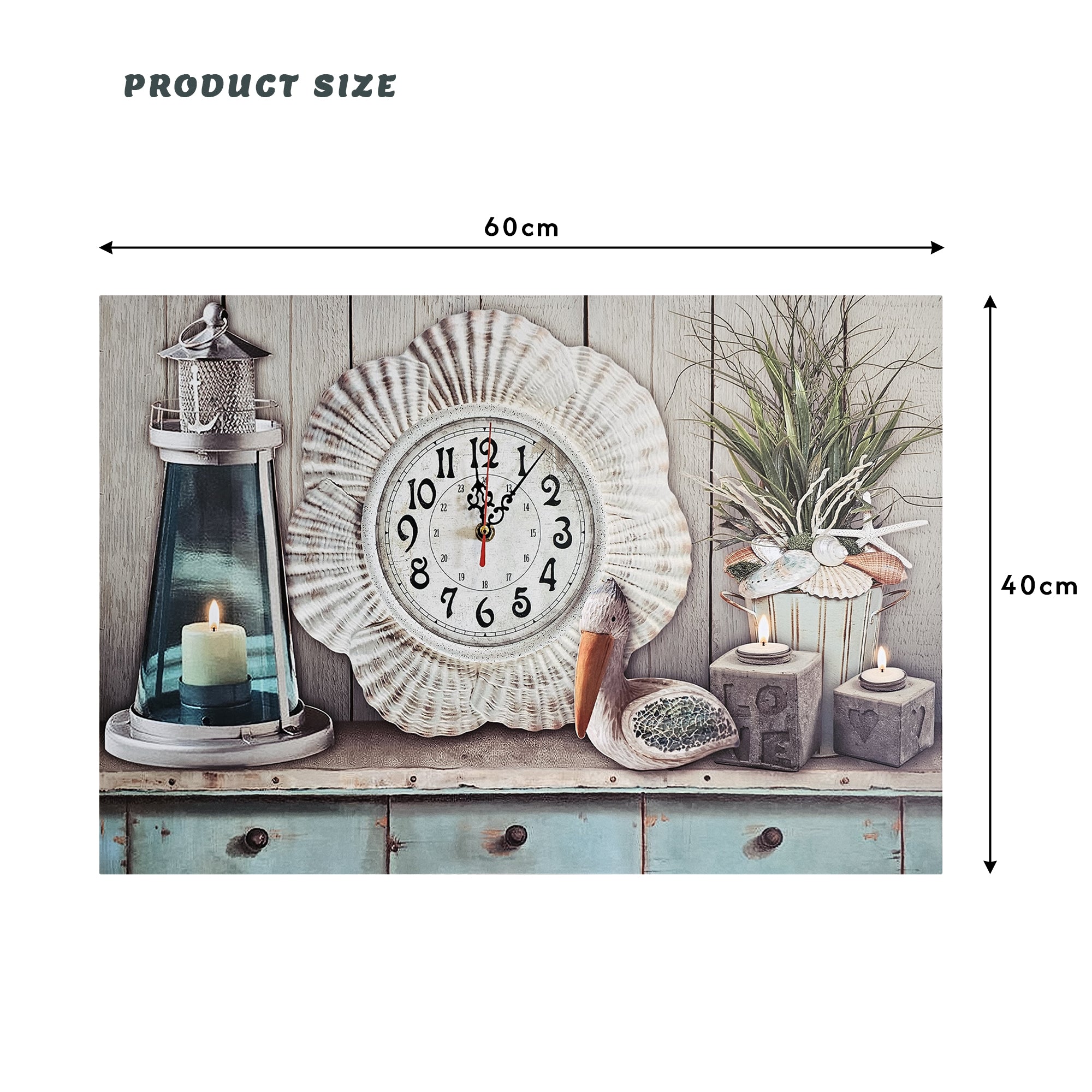 Large Rectangular Nautical Seashell Art Wooden Wall Clock for Coastal Decor