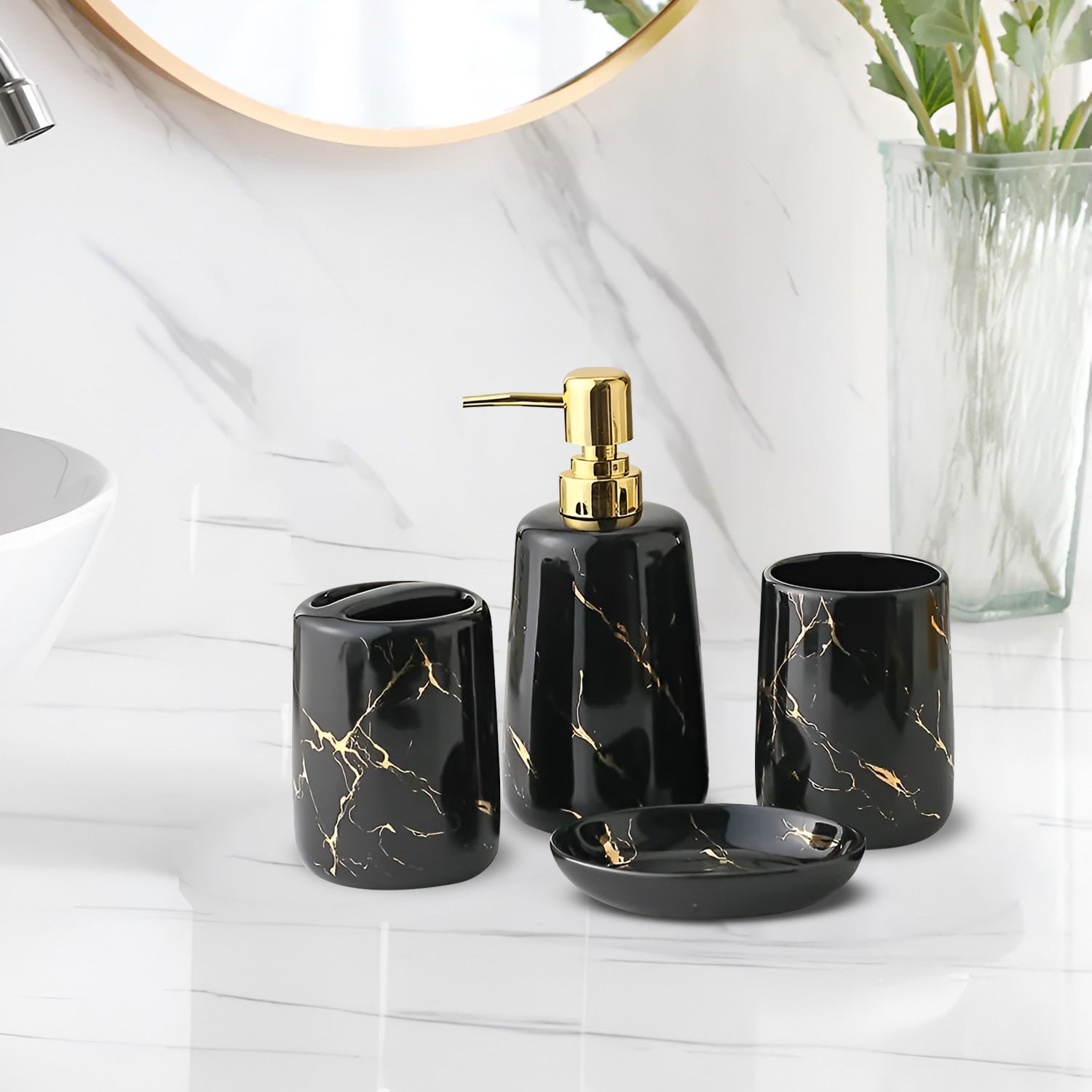 Elegant 4-Piece Ceramic Bathroom Accessory Set with Soap Dispenser and Holder