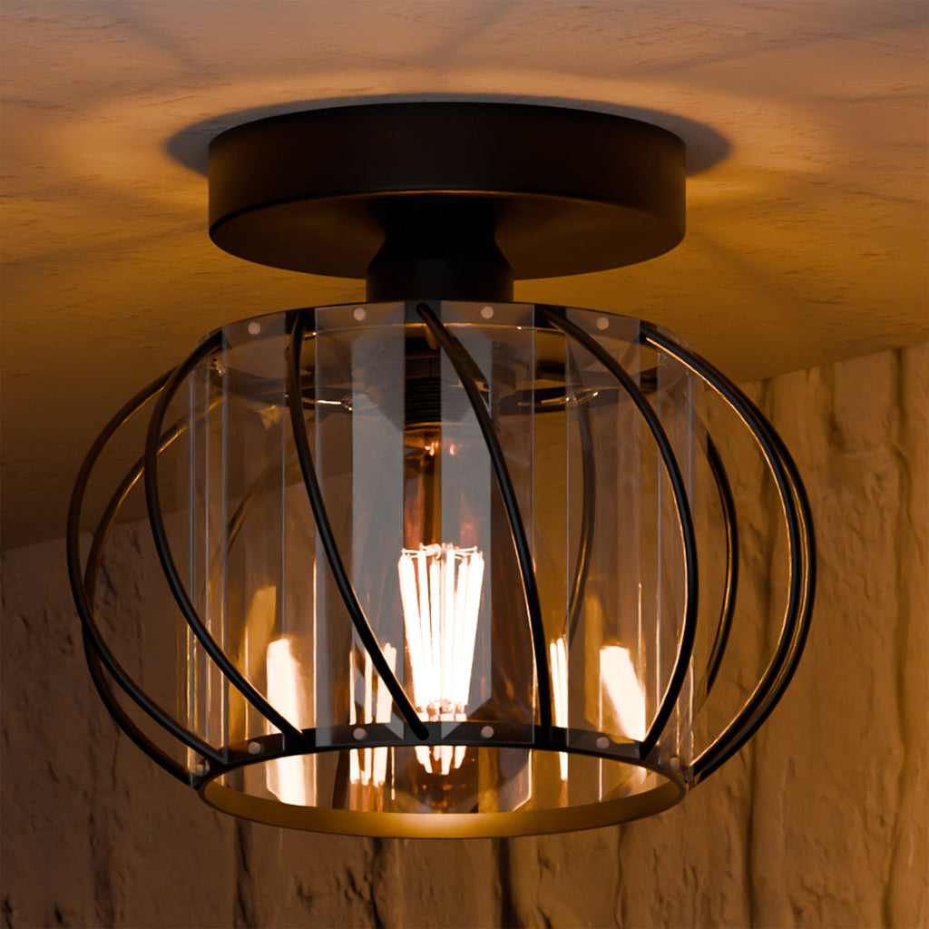 Chic Industrial Modern Metal & Crystal Glass Flush Mount Ceiling Light Fixture