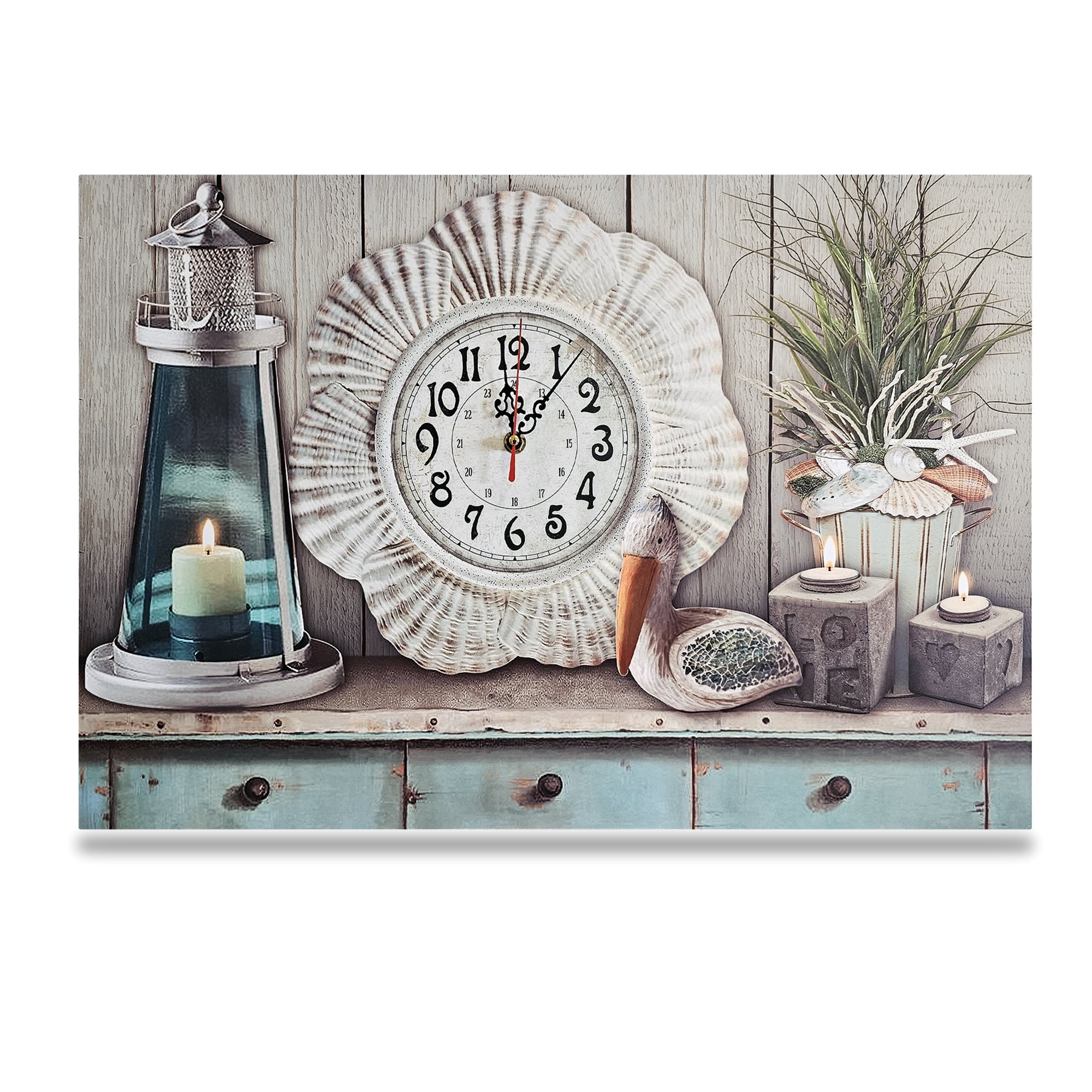 Large Rectangular Nautical Seashell Art Wooden Wall Clock for Coastal Decor