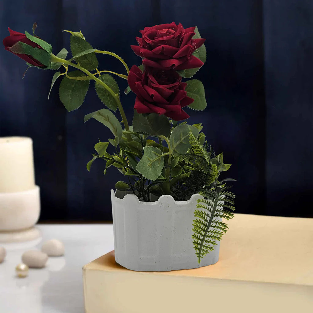 Artificial Silk Rose Flower Set with Elegant White Pot 2 Pack