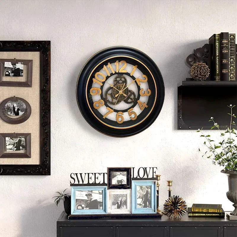 Antique Black & Gold Gear Wall Clocks-No Ticking Silent Clock ~5186
