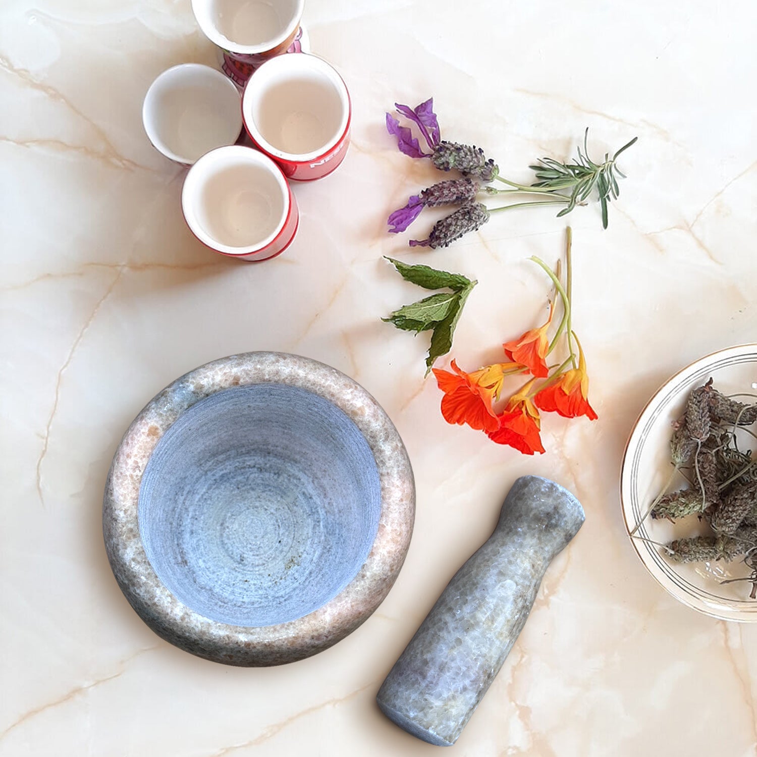 Premium Polished Marble Pestle and Mortar Set, Herb Crusher, Spice Grinder, Guacamole Bowl