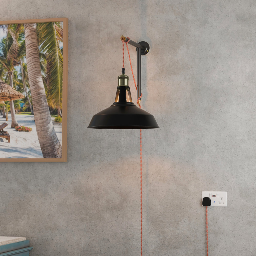 Industrial Black Metal Barn Shade Plug-in Wall Light Kit