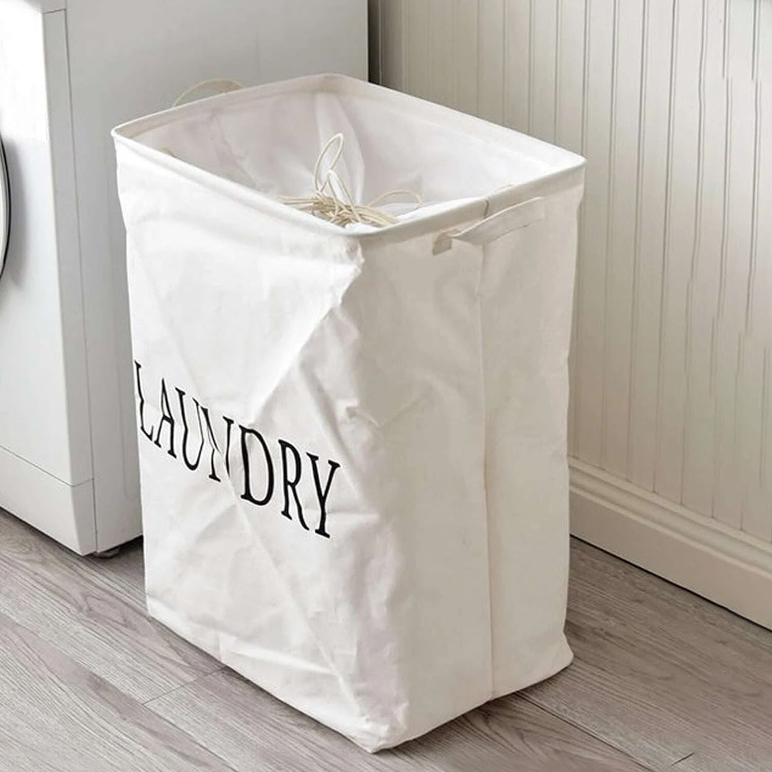 Foldable Freestanding Cotton Laundry Hamper Bag with Drawstring Closure for Clothes