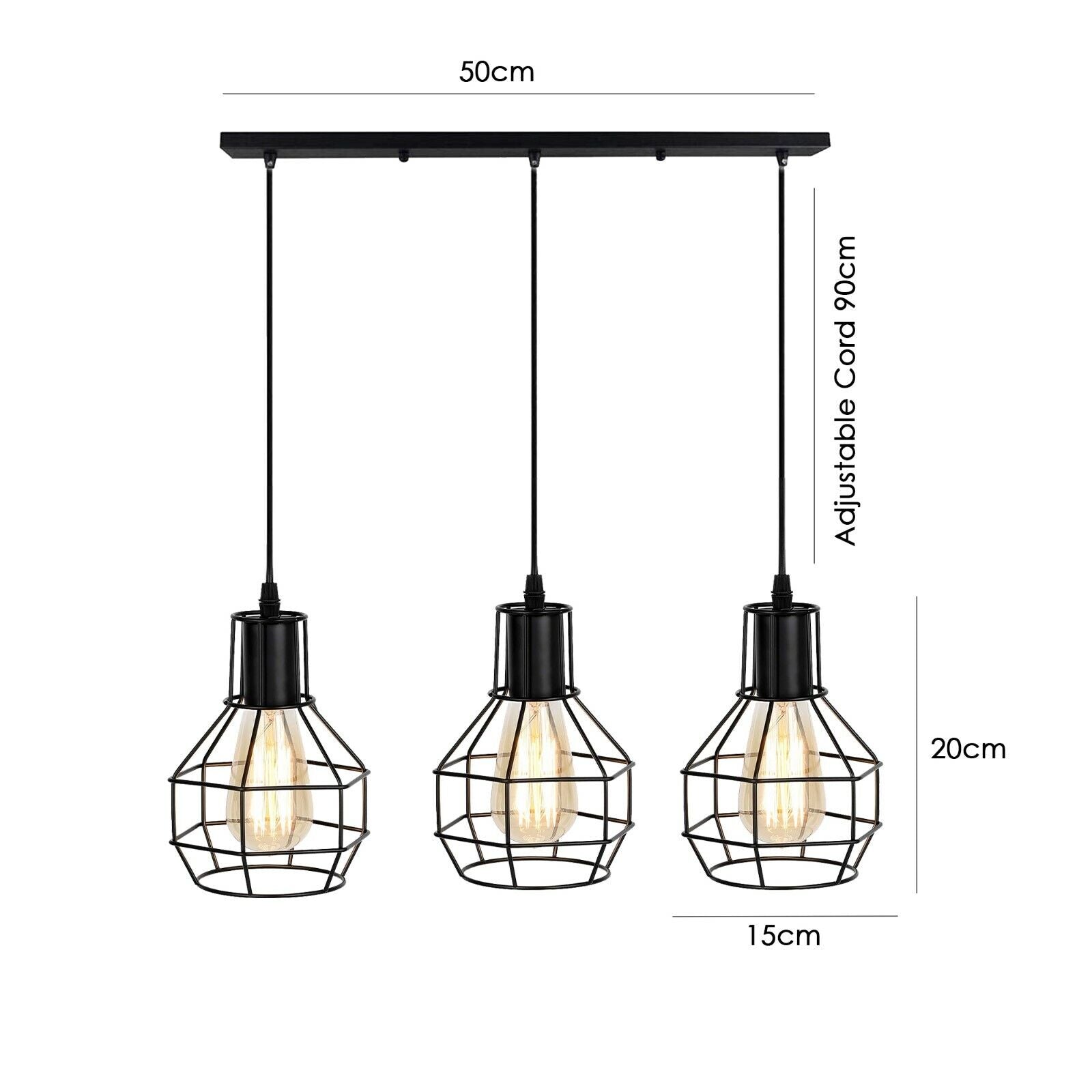 Adjustable Industrial Retro 3-Way Ceiling Pendant Light, Black Metal, E27 Base