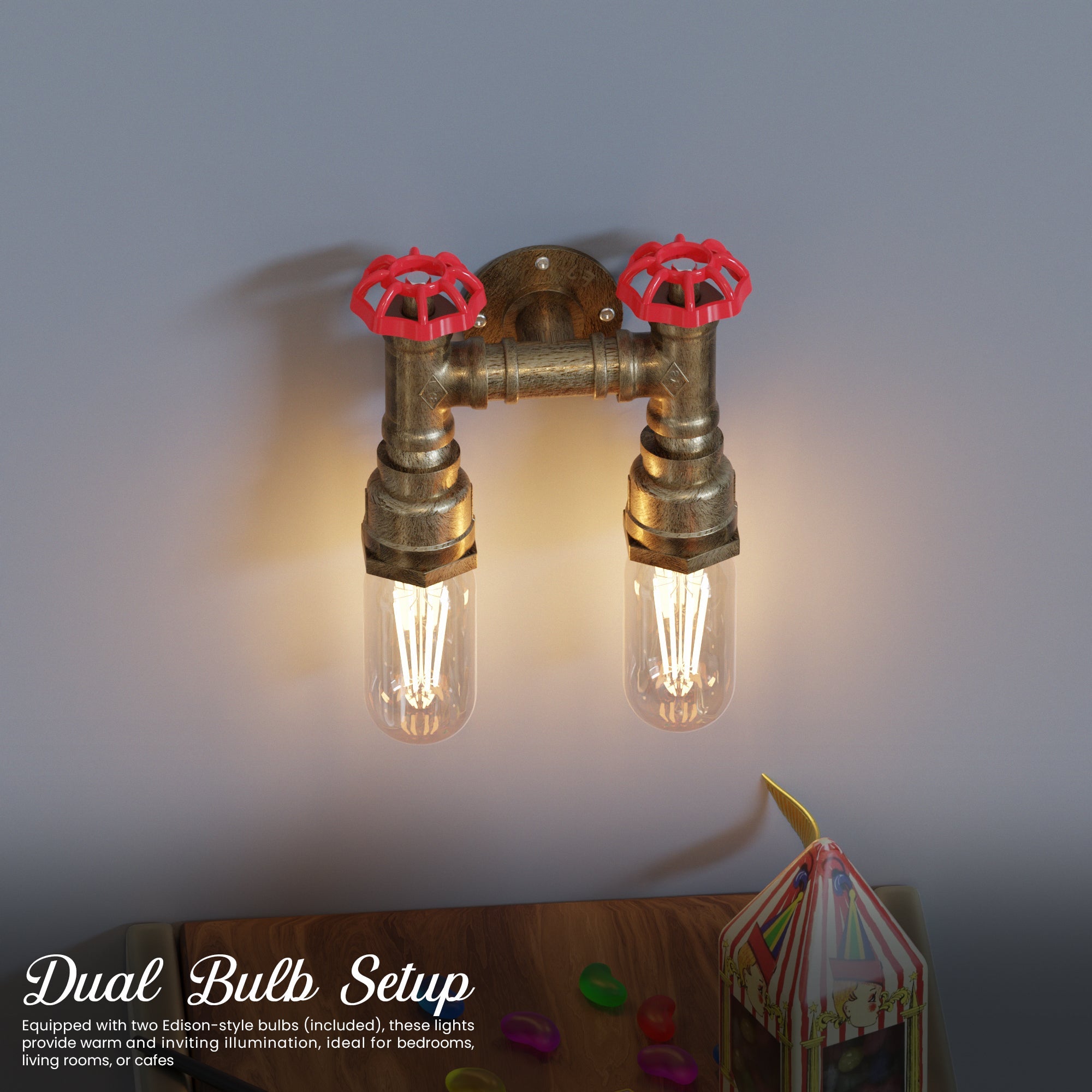 Rustic Industrial Steampunk Twin Metal Water Pipe Wall Light Sconce Fixture