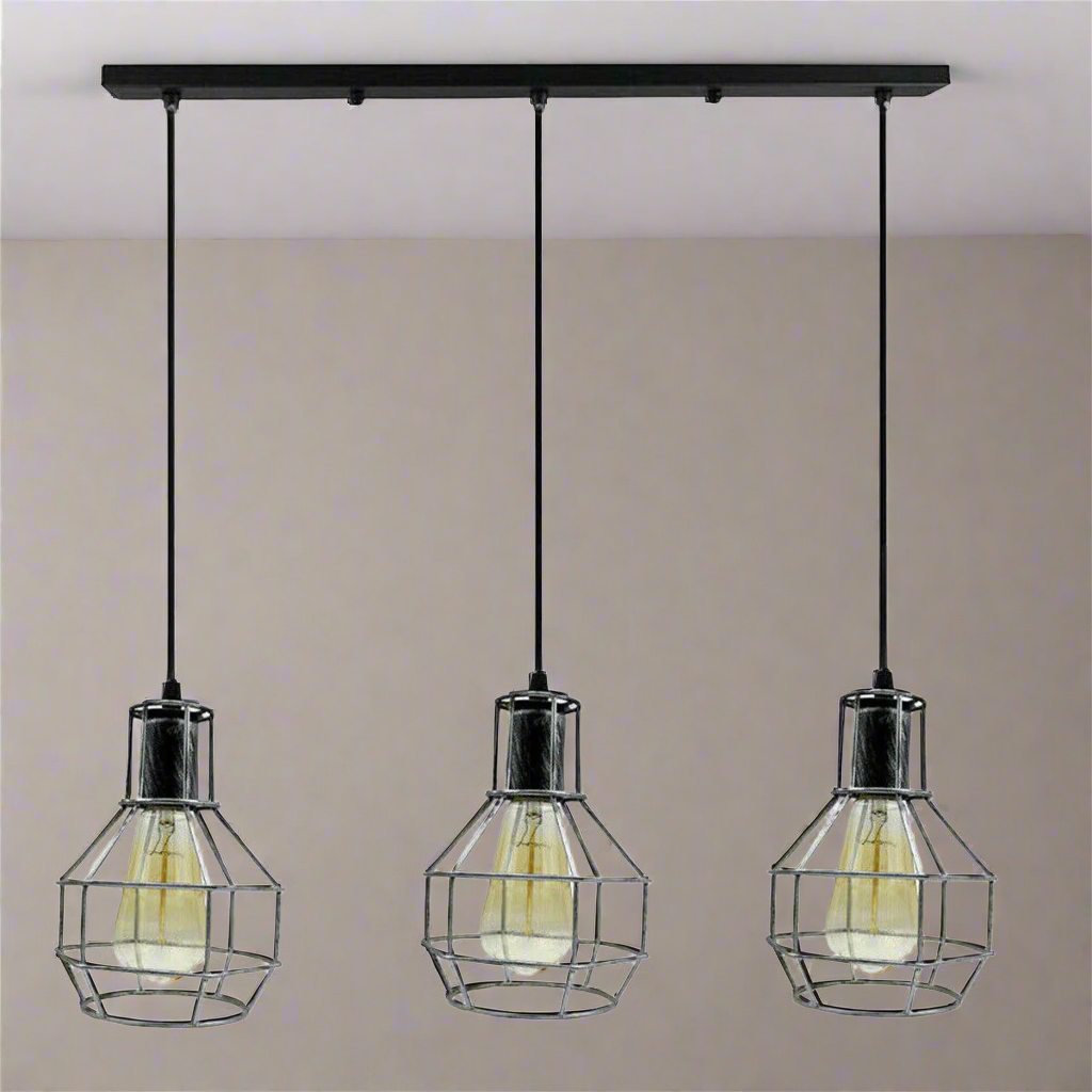 Adjustable Industrial Retro 3-Way Ceiling Pendant Light, Black Metal, E27 Base