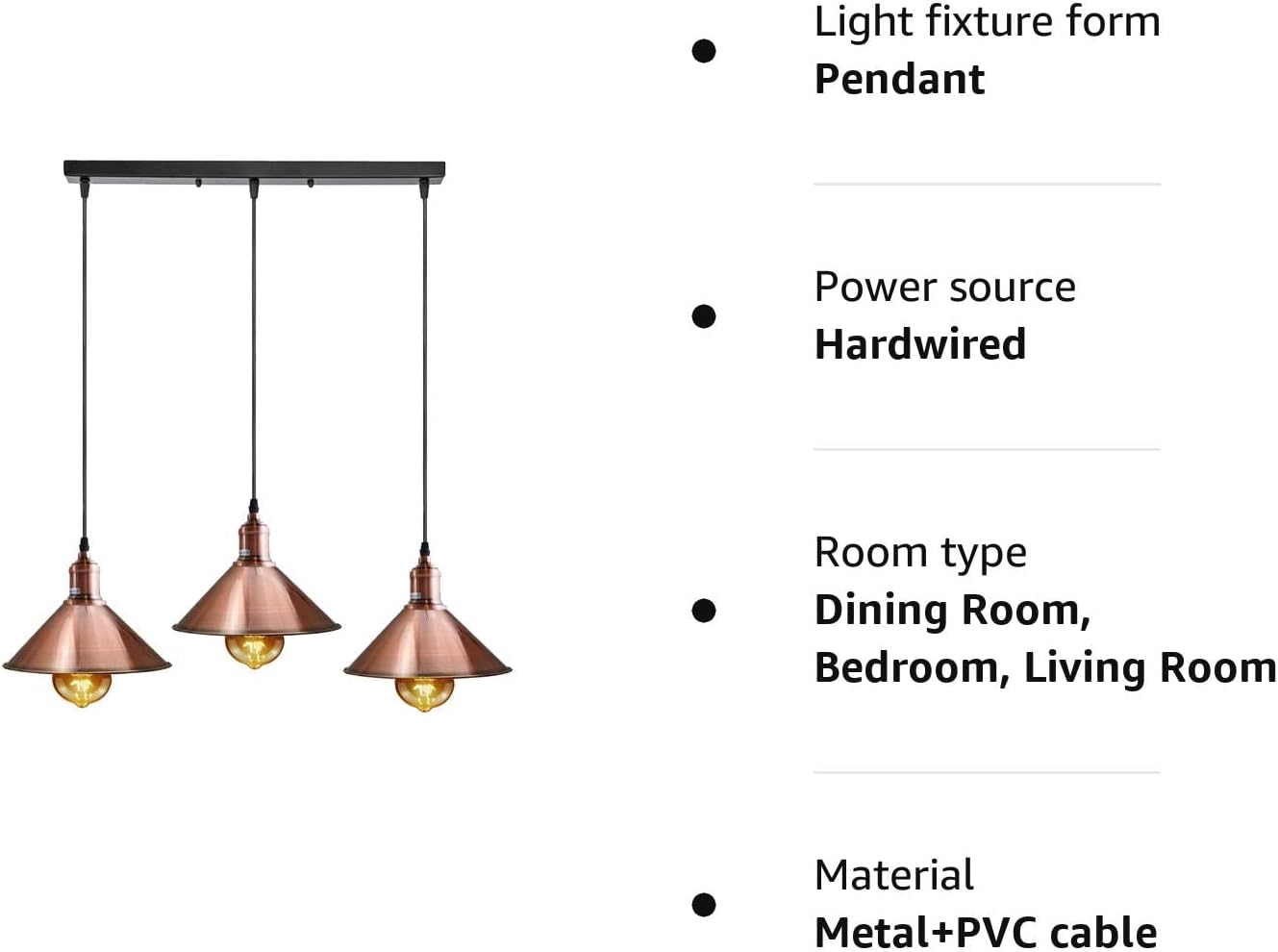 3-Head Vintage Industrial Metal Pendant Light Fixture, E27 Hanging Ceiling Lamp