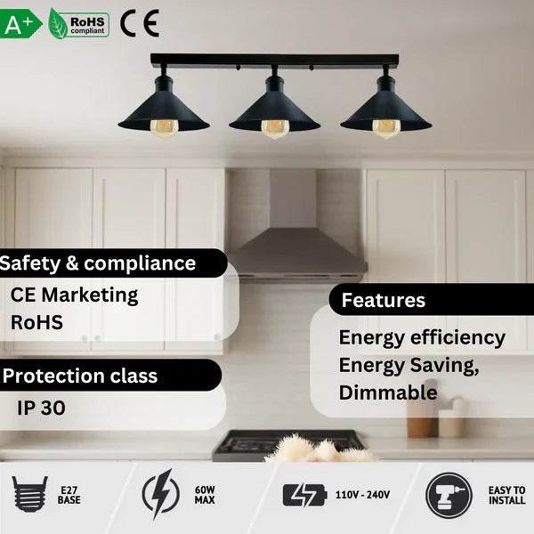 Industrial 3 Head Metal Loft Ceiling Light E27 Lamp~6190