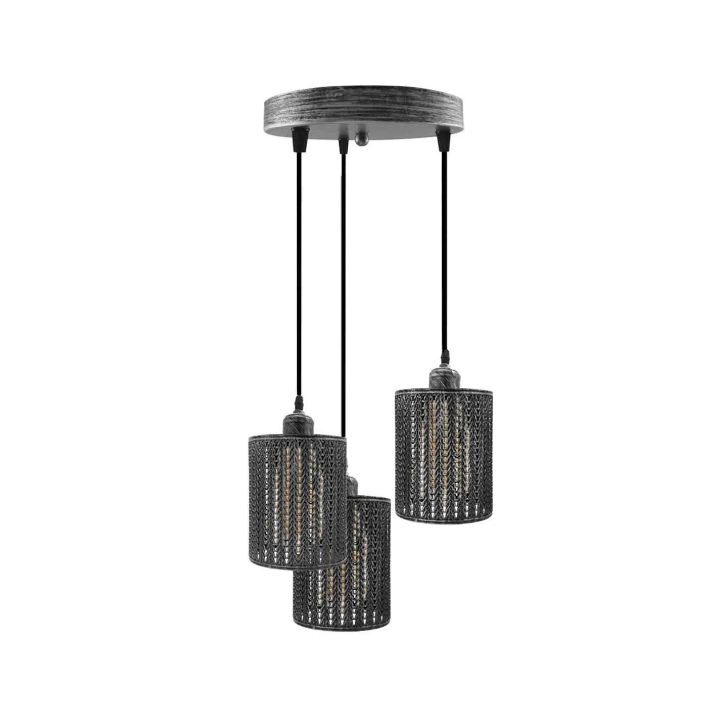 Industrial 3-Light Pendant Ceiling Fixture: Vintage Metal Cage Design with Adjustable Cords