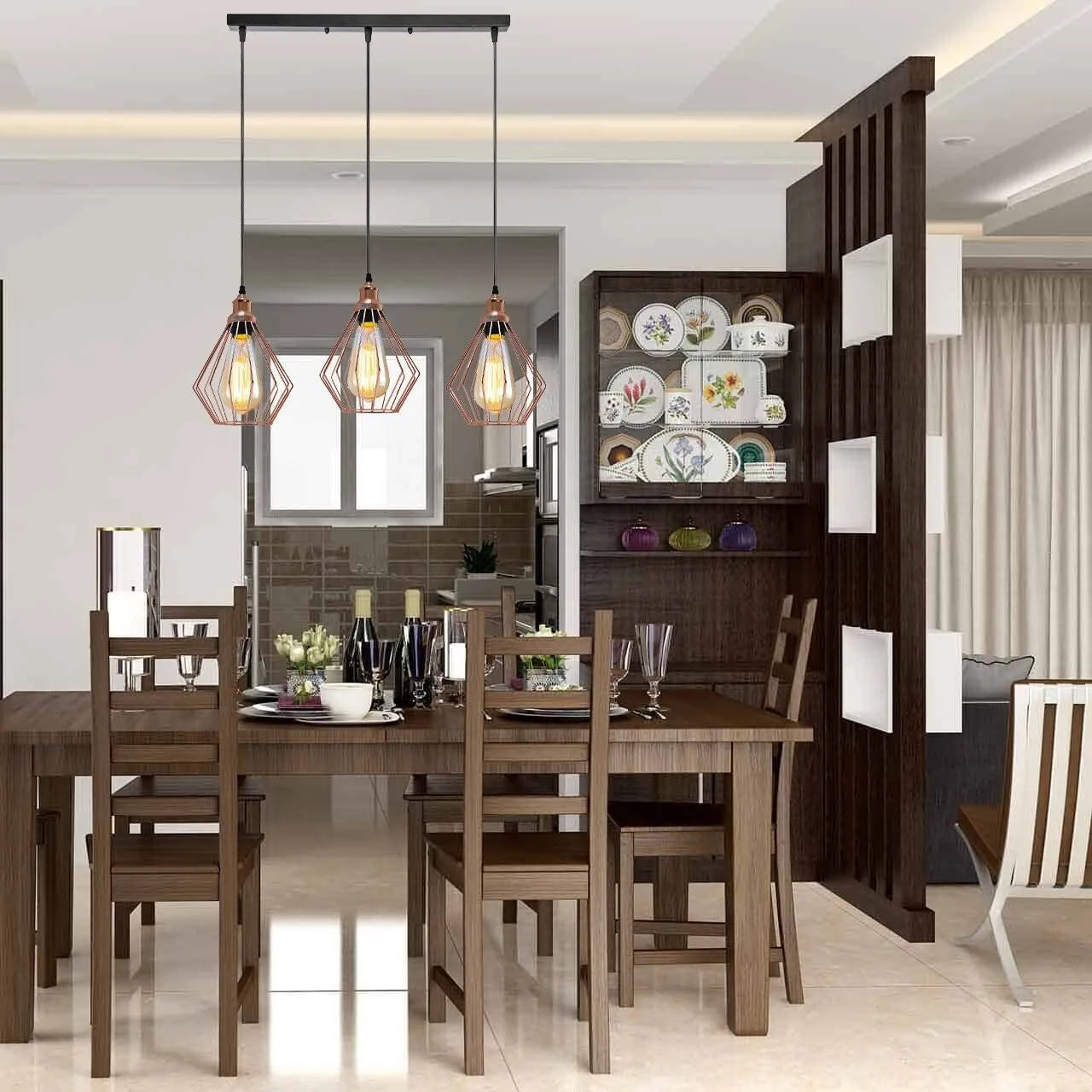 Industrial Linear Cage Pendant Light Fixture for Kitchen Island Dining Room