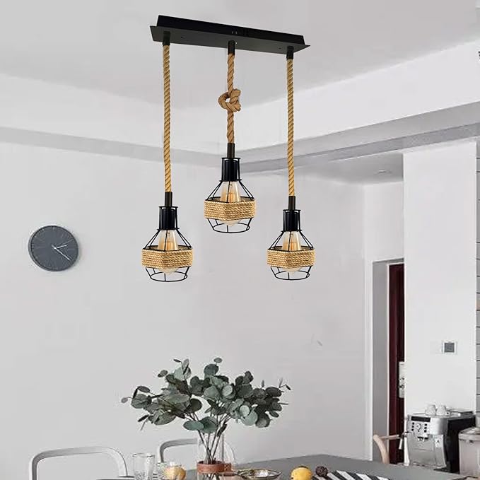 Vintage Industrial Hemp Rope Pendant Light Fixture with Metal Cage Shade