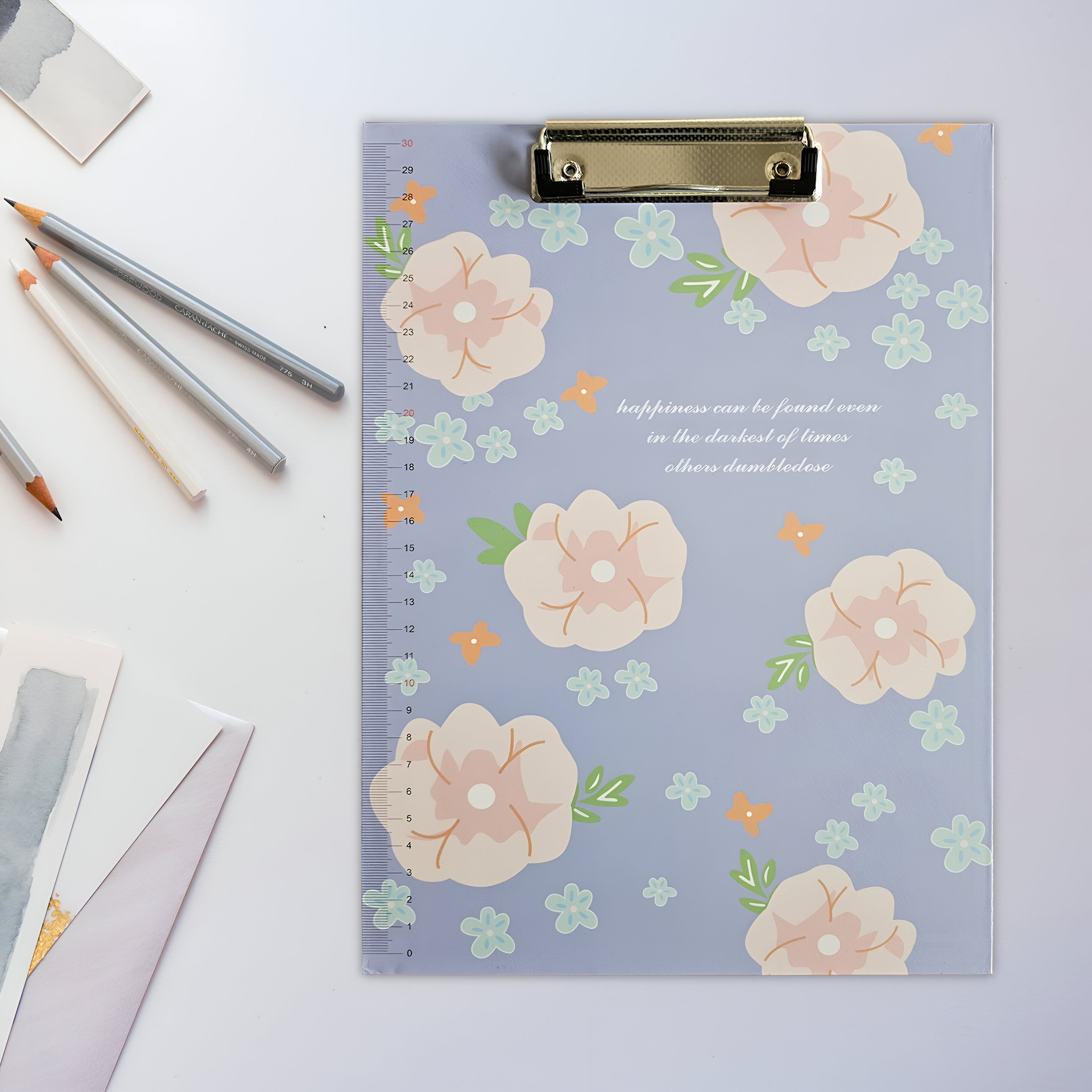 4 Pack A4 Floral Print Clipboards with Ruler Scale Edge