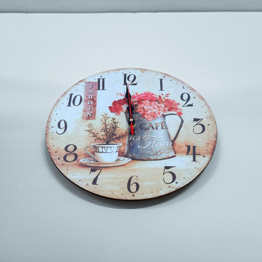 Charming Round Cafe Cup Flowers Ticking Shabby Chic Wall Clock for Home Decor