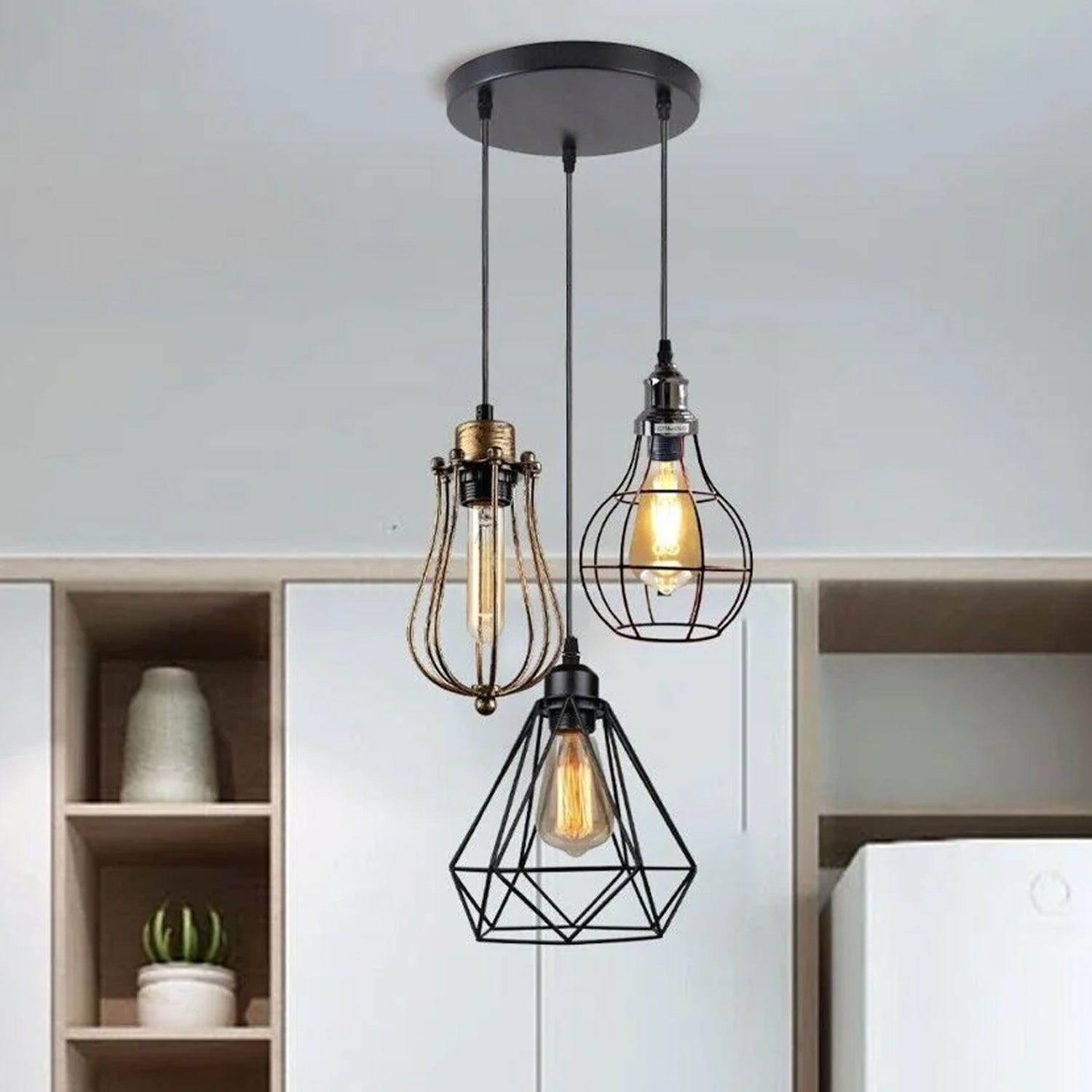 Chic Industrial 3-Light Cage Pendant Chandelier for Kitchen Island Dining