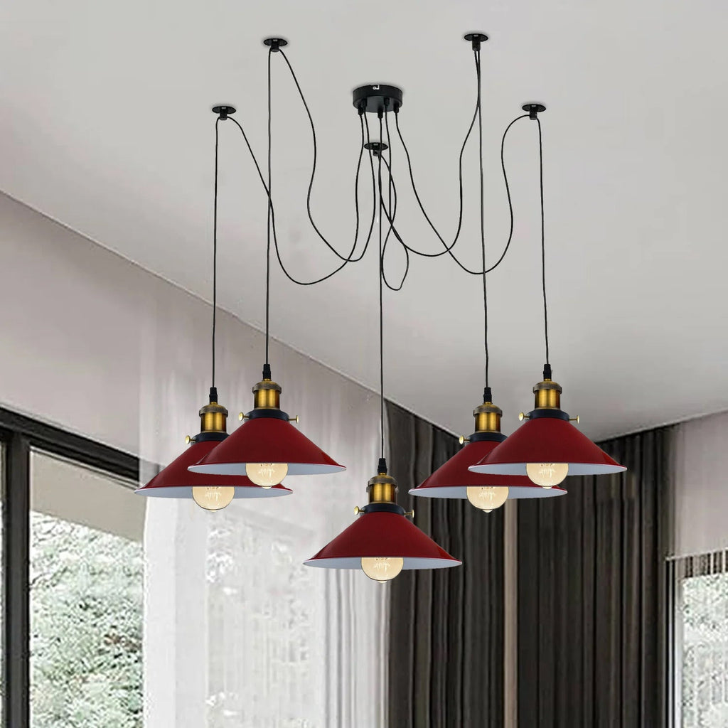 Red 5-Way Spider Chandelier Ceiling Lamp, Adjustable Industrial E27 Indoor Lighting Fixture