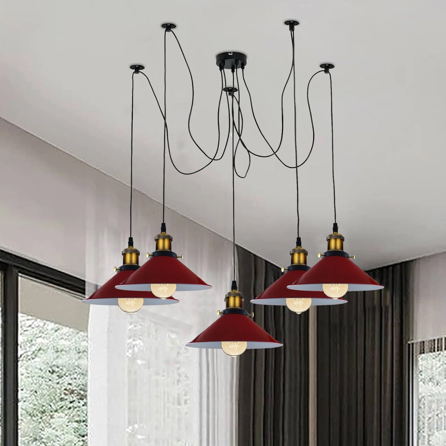 Red 5-Way Spider Chandelier Ceiling Lamp, Adjustable Industrial E27 Indoor Lighting Fixture