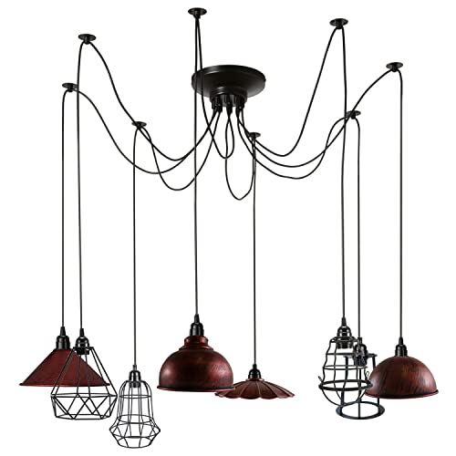 Playful Vintage Industrial 5-Light Spider Pendant with Unique Shades