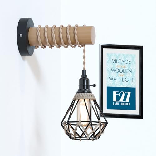 Farmhouse Rustic Industrial Wall Sconce Light Fixture with Metal Cage & Wood