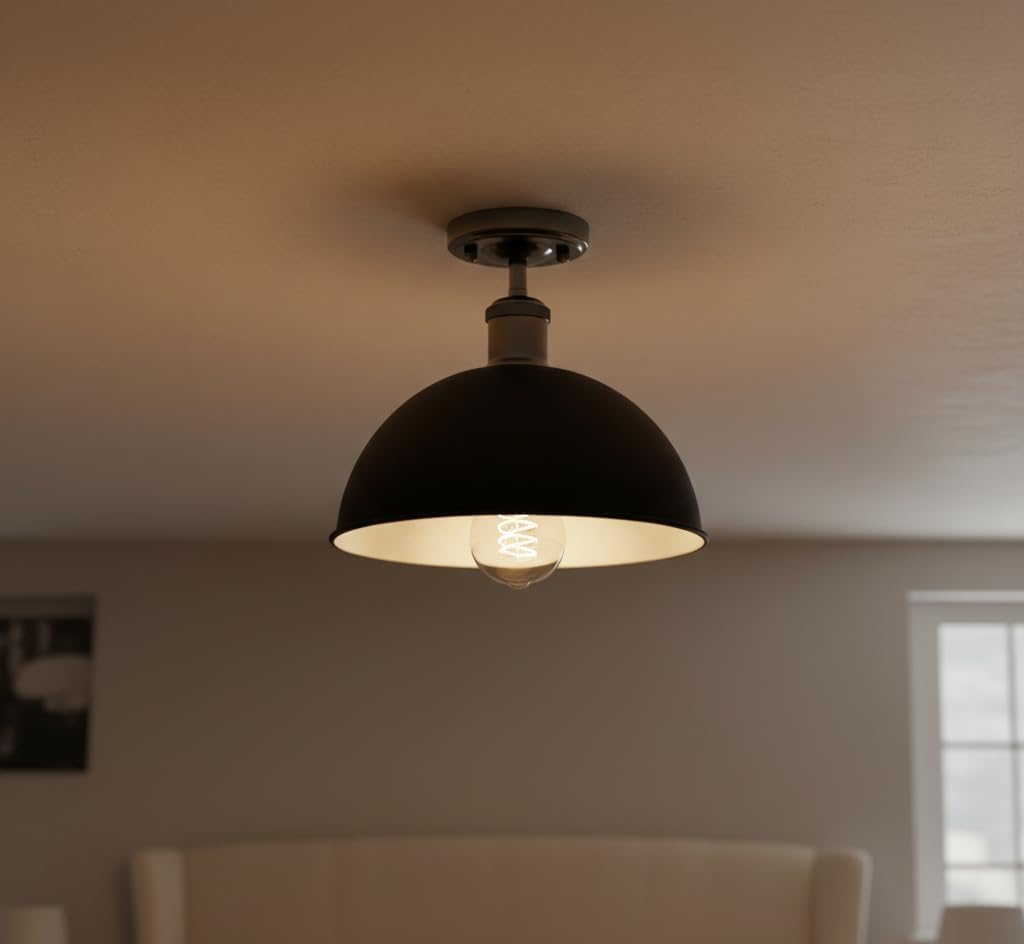 Industrial Metal Dome Semi Flush Ceiling Light Fixture for Low Ceilings