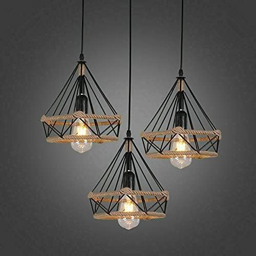 Vintage Industrial Black Metal Hemp Rope 3-Head Pendant Light Fixture