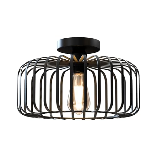 Modern Industrial Black Metal Cage Flush Mount Ceiling Light Fixture E27 Bulb