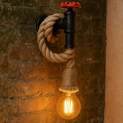 Industrial Rustic Water Pipe Hemp Rope Wall Sconce Light Fixture