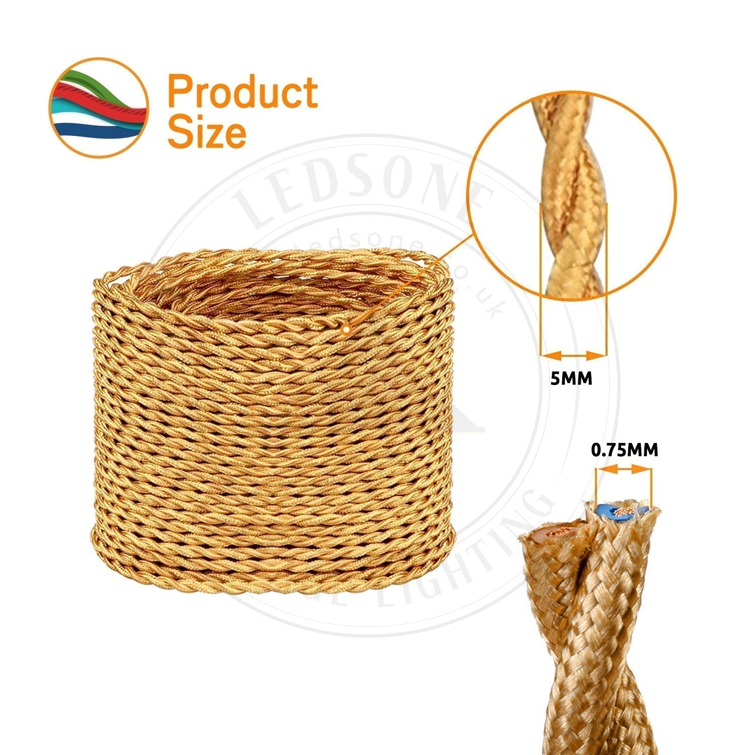 Vintage Style 10m 2-Core Twisted Fabric Electric Cable Teak & Black