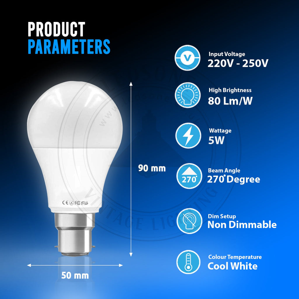 3-Pack LED GLS A60 B22 Bayonet Light Bulbs Cool White Energy Efficient