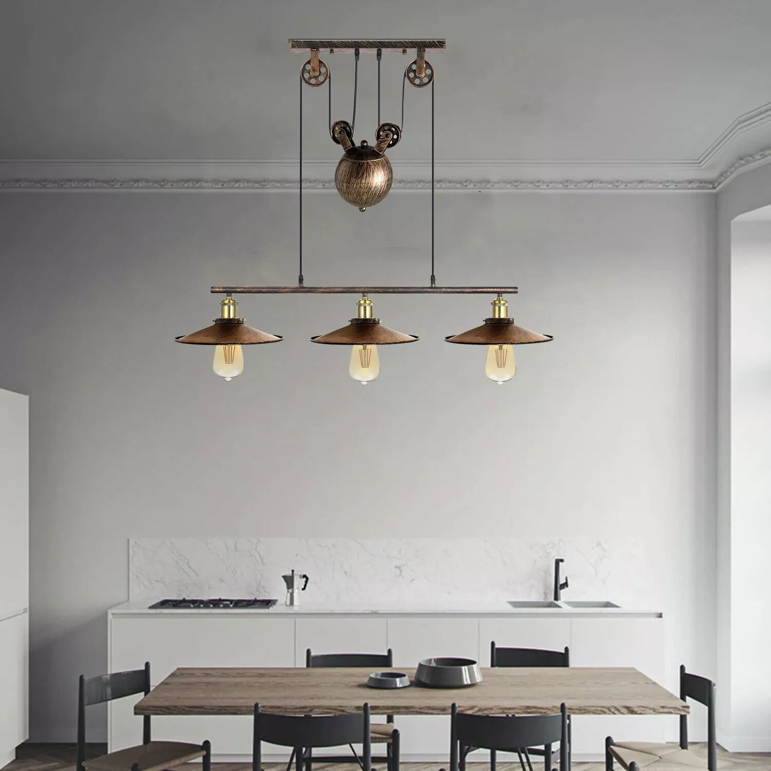 Vintage Industrial 3 Light Brushed Copper Pulley Pendant Ceiling Fixture