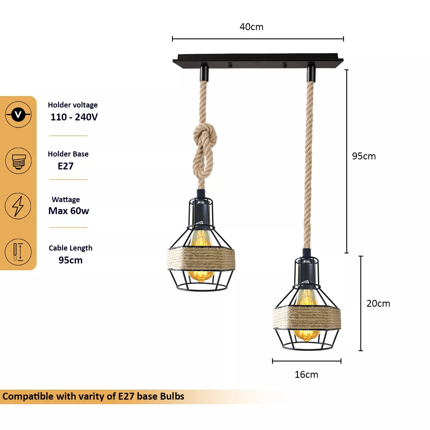 Vintage Industrial Dual Head Hemp Rope Pendant Light E27 Adjustable Ceiling Lamp