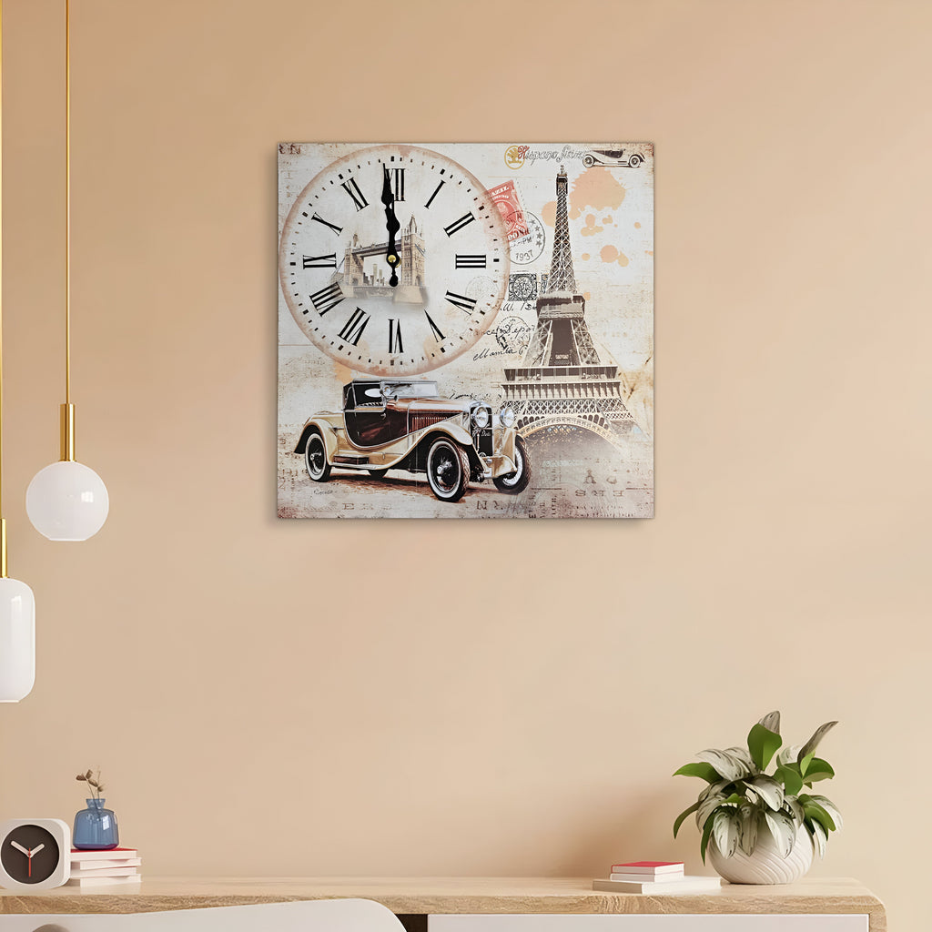 Eiffel Tower Rectangular Wooden Wall Clock Modern Frameless Vintage Car Design