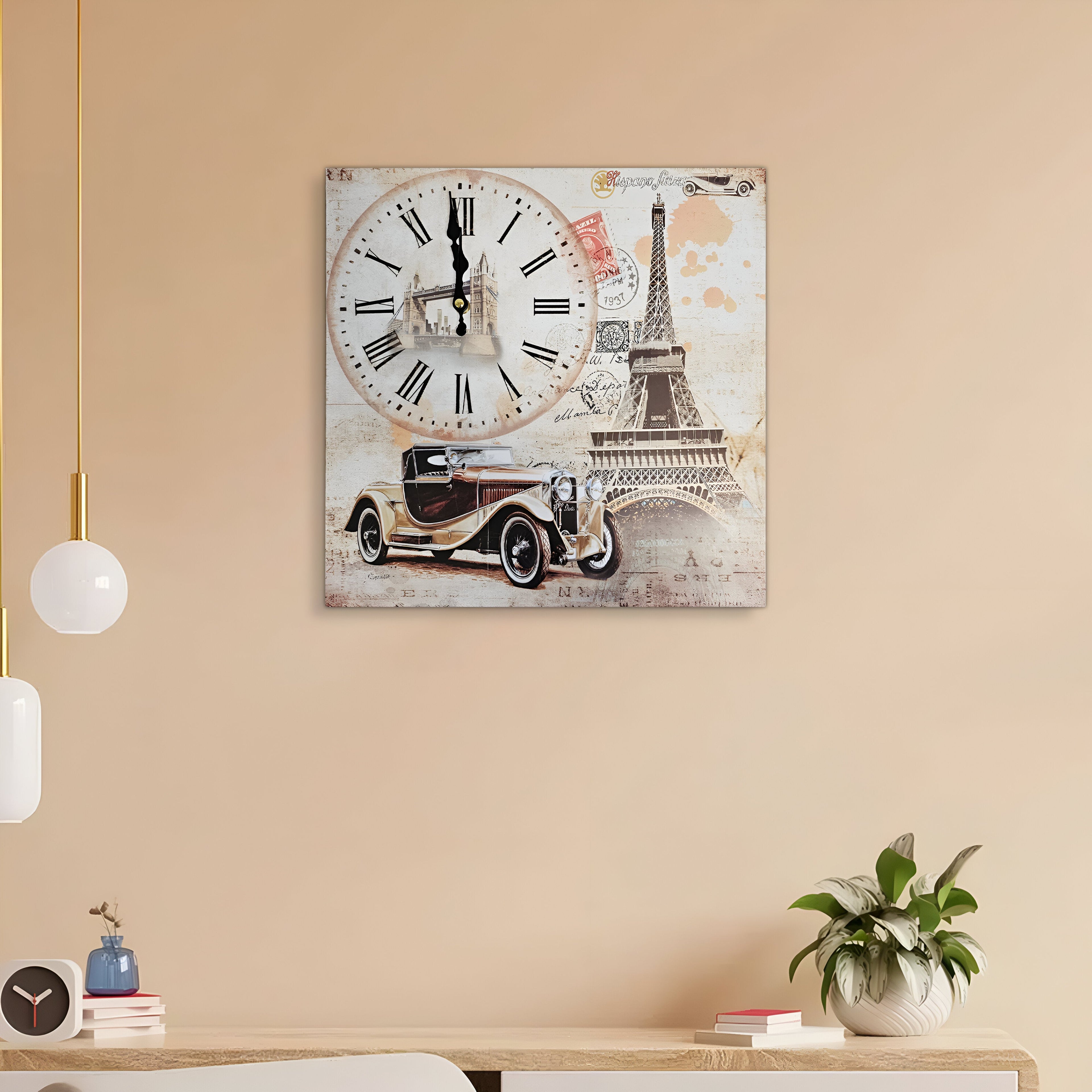 Eiffel Tower Rectangular Wooden Wall Clock Modern Frameless Vintage Car Design