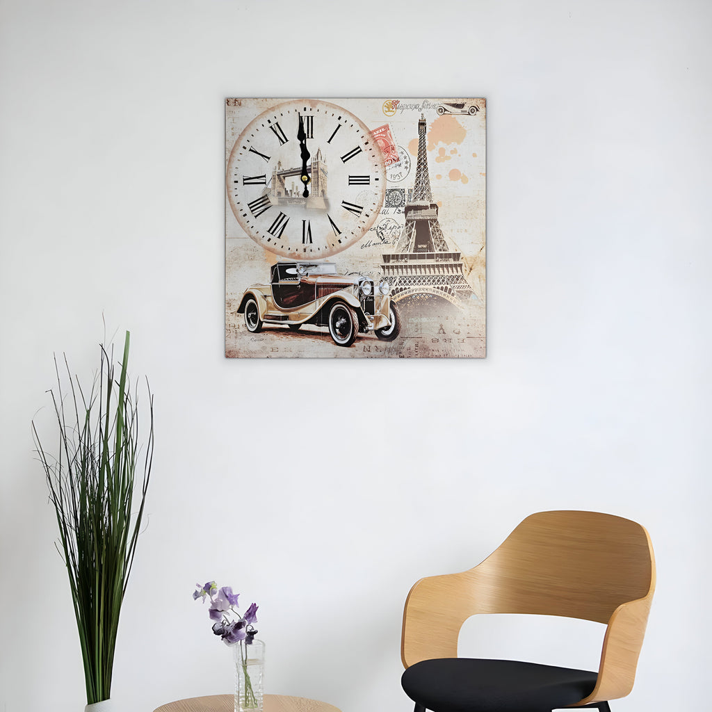 Vintage Paris Eiffel Tower Rectangular Wooden Wall Clock Art