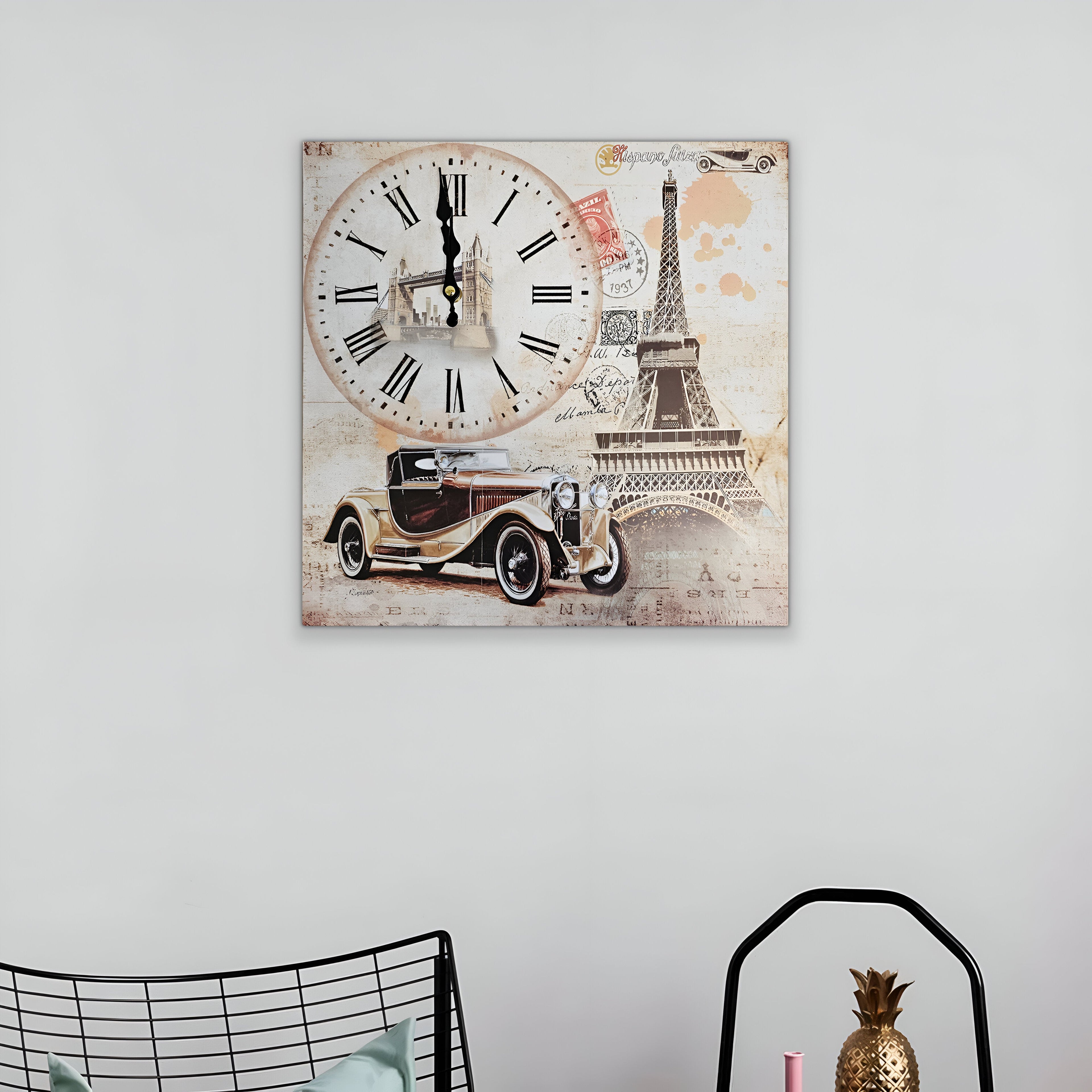 Eiffel Tower Rectangular Wooden Wall Clock Modern Frameless Vintage Car Design